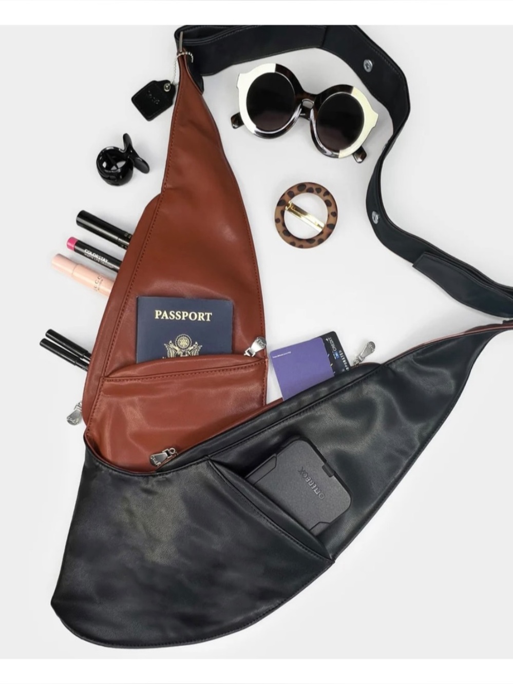 Sash Faux Leather Reversible Shoulder Bag in Black & Brown